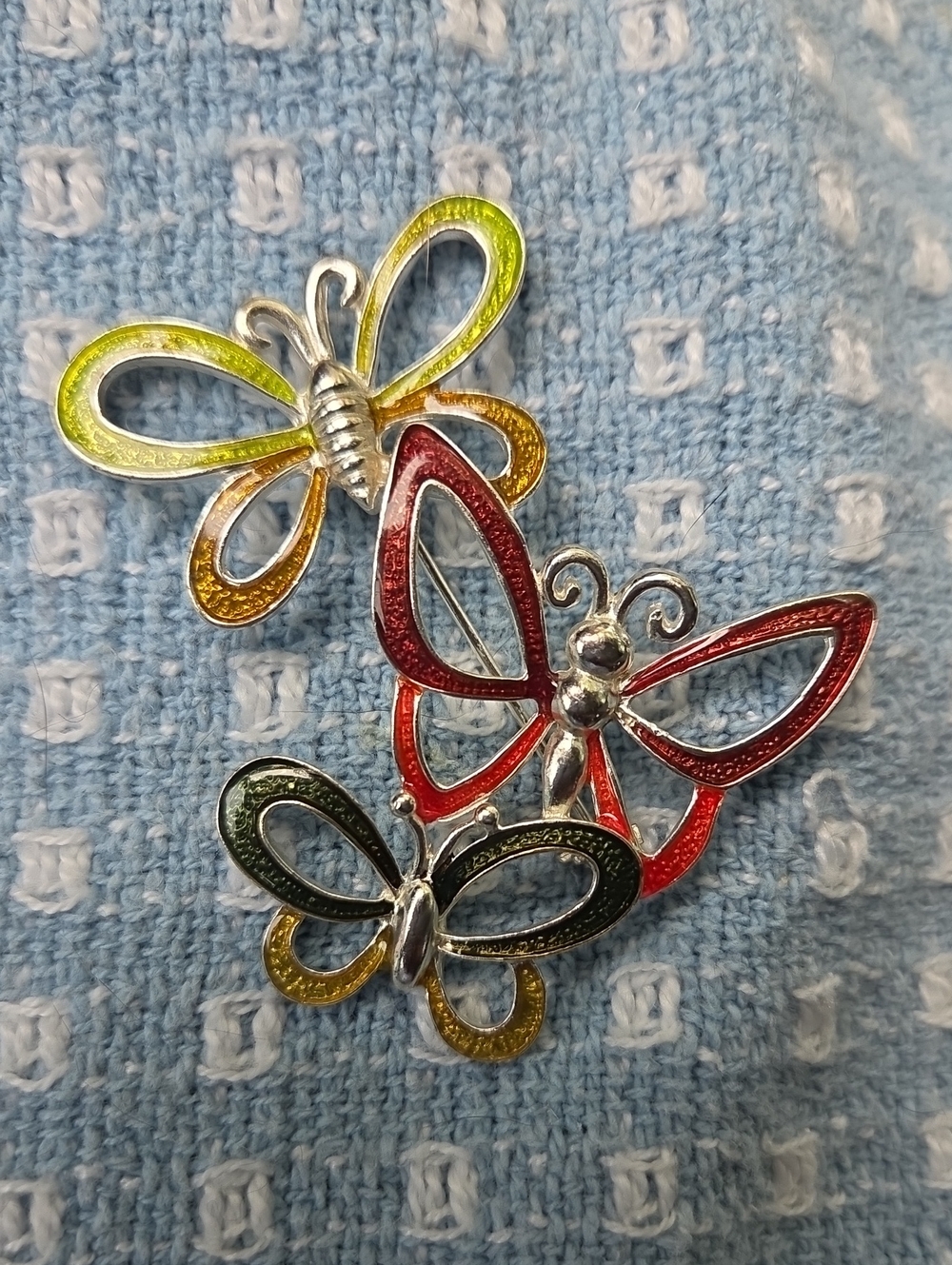 Vintage Enamel Three Stacked Butterfly Brooch.